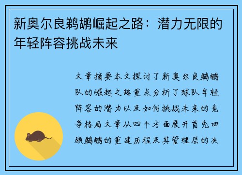 新奥尔良鹈鹕崛起之路：潜力无限的年轻阵容挑战未来