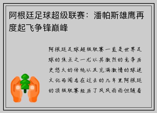 阿根廷足球超级联赛：潘帕斯雄鹰再度起飞争锋巅峰