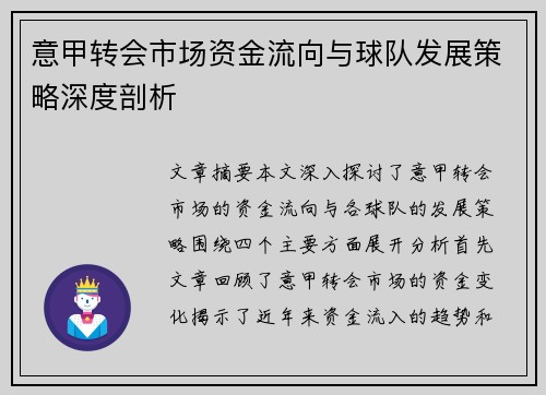 意甲转会市场资金流向与球队发展策略深度剖析